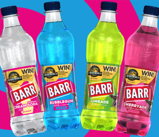 Barr Flavours announces on-pack promotion for Jurassic World Rebirth Promotional image of Barr Flavours with the Jurassic World Rebirth promotion on pack featuring flavours Cream Soda, Bubblegum, Limeade and Cherryade with a blue and pink background.