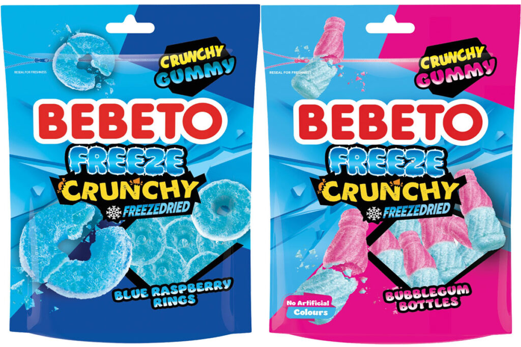 Pack shots of Bebeto Freeze Crunchy Blue Raspberry Rings and Bubblegum Bottles.