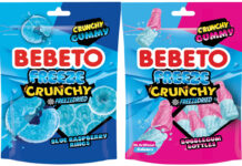 Pack shots of Bebeto Freeze Crunchy Blue Raspberry Rings and Bubblegum Bottles.