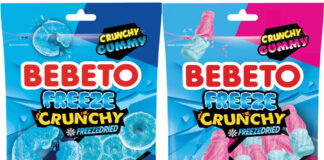 Pack shots of Bebeto Freeze Crunchy Blue Raspberry Rings and Bubblegum Bottles.