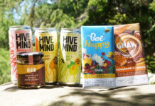 Cans of Hive Mind Honeyade, The Scottish Bee Company Chocolate Spread with Honey jar and bars of GNAW Chocolate with Honeycomb and Caramel are all grouped together to mark World Bee Day.