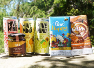 Cans of Hive Mind Honeyade, The Scottish Bee Company Chocolate Spread with Honey jar and bars of GNAW Chocolate with Honeycomb and Caramel are all grouped together to mark World Bee Day.