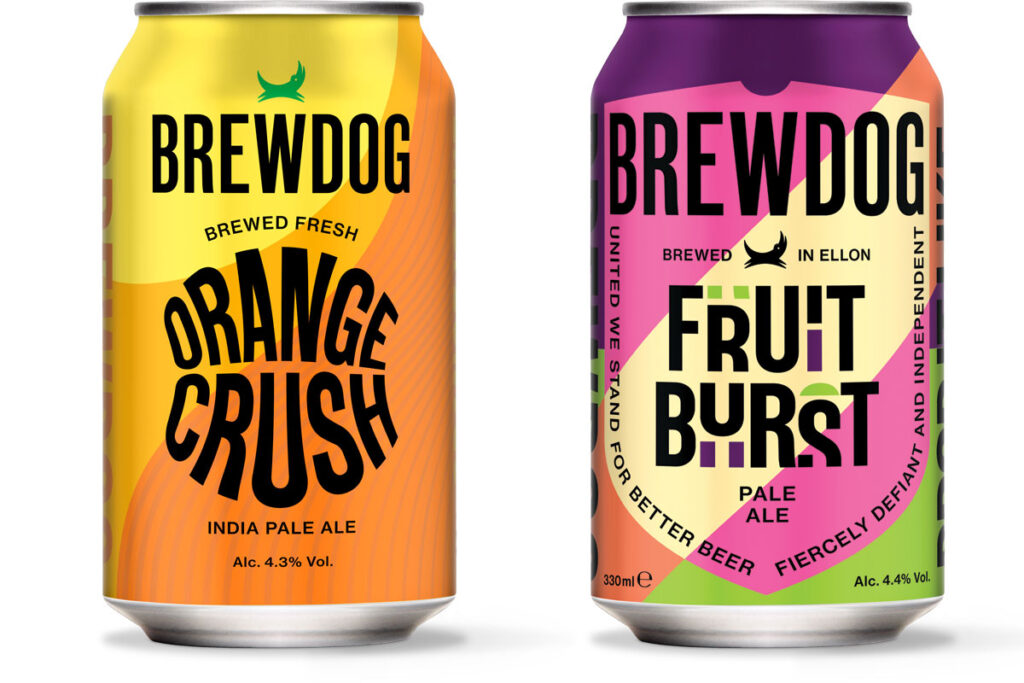 Pack shots of BrewDog Orange Crush and BrewDog Fruit Burst.