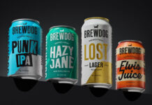 Pack shots of the 2025 rebrand for BrewDog including Punk IPA, Hazy Jane, Lost Lager and Elvis Juice. The four cans are stacked on a black platform against a black background.