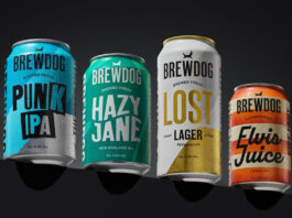 BrewDog unveils complete brand makeover Pack shots of the 2025 rebrand for BrewDog including Punk IPA, Hazy Jane, Lost Lager and Elvis Juice. The four cans are stacked on a black platform against a black background.