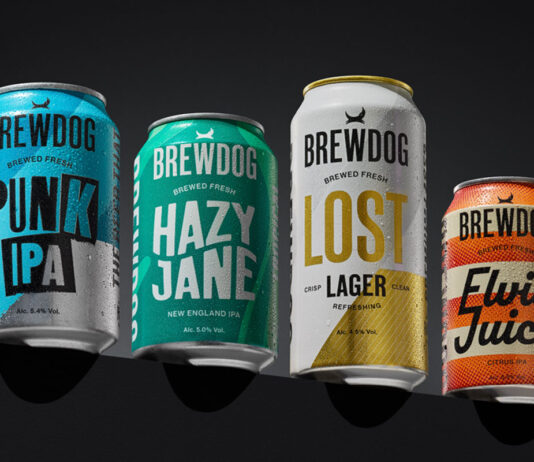 BrewDog unveils complete brand makeover Pack shots of the 2025 rebrand for BrewDog including Punk IPA, Hazy Jane, Lost Lager and Elvis Juice. The four cans are stacked on a black platform against a black background.