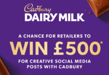 Promotion for Cadbury Dairy Milk's new £500 retailer social media competition offering store owners the chance to win £500 each through social media posts. The Cadbury Dairy Milk logo is at the top of the image and the body of text reads "A Chance for Retailers to WIN £500 for creative social media posts with Cadbury'.