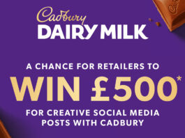 Promotion for Cadbury Dairy Milk's new £500 retailer social media competition offering store owners the chance to win £500 each through social media posts. The Cadbury Dairy Milk logo is at the top of the image and the body of text reads "A Chance for Retailers to WIN £500 for creative social media posts with Cadbury'.