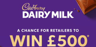 Promotion for Cadbury Dairy Milk's new £500 retailer social media competition offering store owners the chance to win £500 each through social media posts. The Cadbury Dairy Milk logo is at the top of the image and the body of text reads "A Chance for Retailers to WIN £500 for creative social media posts with Cadbury'.