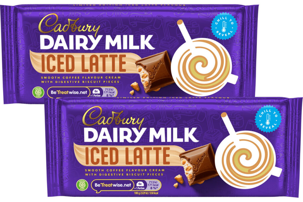 Pack shots of Cadbury Dairy Milk Iced Latte tablet bars.