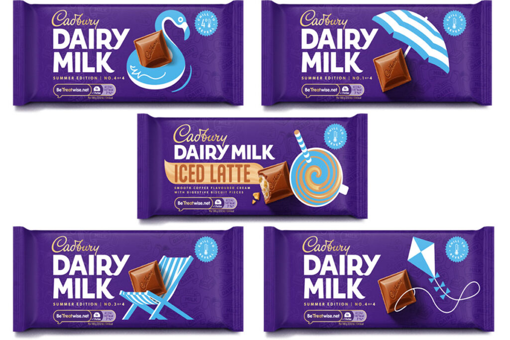 Pack shots of Cadbury Dairy Milk 2025 Summer Editions and Cadbury Dairy Milk Iced Latte.