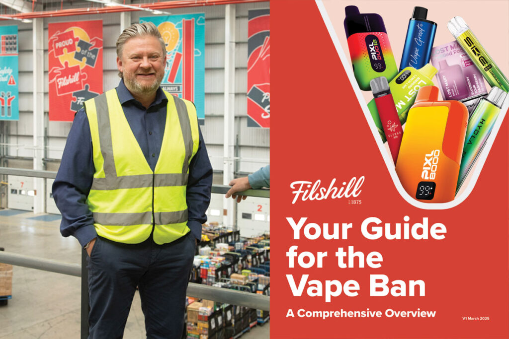 Simon Hannah, chief executive at JW Filshill, stands inside the wholesaler's depot in Glasgow in the left image with the front cover of the Filshill 'Your Guide to the Vape Ban' in the image to the right.