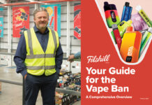 Simon Hannah, chief executive at JW Filshill, stands inside the wholesaler's depot in Glasgow in the left image with the front cover of the Filshill 'Your Guide to the Vape Ban' in the image to the right.