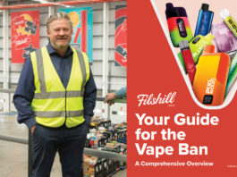 All retailers to benefit from Filshill AI bot vape advice Simon Hannah, chief executive at JW Filshill, stands inside the wholesaler's depot in Glasgow in the left image with the front cover of the Filshill 'Your Guide to the Vape Ban' in the image to the right.