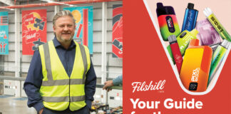 Simon Hannah, chief executive at JW Filshill, stands inside the wholesaler's depot in Glasgow in the left image with the front cover of the Filshill 'Your Guide to the Vape Ban' in the image to the right.