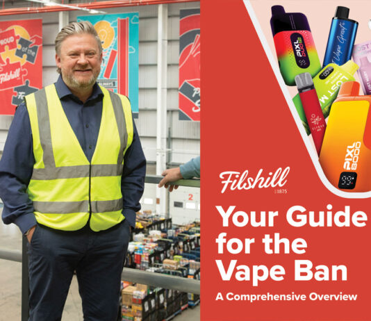 All retailers to benefit from Filshill AI bot vape advice Simon Hannah, chief executive at JW Filshill, stands inside the wholesaler's depot in Glasgow in the left image with the front cover of the Filshill 'Your Guide to the Vape Ban' in the image to the right.