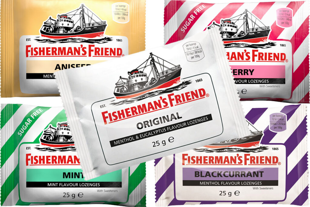 Packshots of Fisherman's Friend Original Lozenges, Aniseed Lozenges, Cherry Lozenges, Mint Lozenges and Blackcurrant Lozenges.