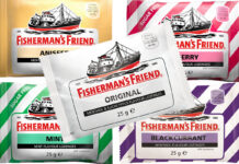 Packshots of Fisherman's Friend Original Lozenges, Aniseed Lozenges, Cherry Lozenges, Mint Lozenges and Blackcurrant Lozenges.
