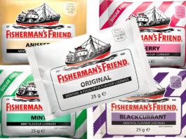Packshots of Fisherman's Friend Original Lozenges, Aniseed Lozenges, Cherry Lozenges, Mint Lozenges and Blackcurrant Lozenges.
