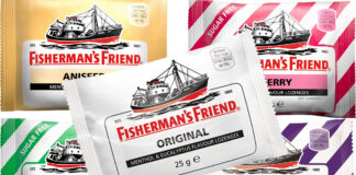Packshots of Fisherman's Friend Original Lozenges, Aniseed Lozenges, Cherry Lozenges, Mint Lozenges and Blackcurrant Lozenges.