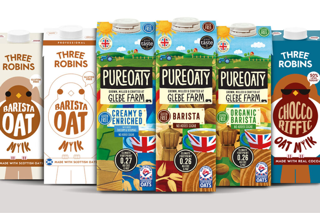 (Left to right) Pack shots of Three Robins Barista Oat Mylk, Three Robins Professional Barista Oat Mylk, PureOaty Creamy & Enriched, PureOaty Barista, PureOaty Organic Barista and Three Robins Chocco-riffic Oat Mylk.