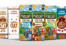 (Left to right) Pack shots of Three Robins Barista Oat Mylk, Three Robins Professional Barista Oat Mylk, PureOaty Creamy & Enriched, PureOaty Barista, PureOaty Organic Barista and Three Robins Chocco-riffic Oat Mylk.