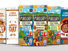 Glebe Farm announces partnership with Three Robins (Left to right) Pack shots of Three Robins Barista Oat Mylk, Three Robins Professional Barista Oat Mylk, PureOaty Creamy & Enriched, PureOaty Barista, PureOaty Organic Barista and Three Robins Chocco-riffic Oat Mylk.