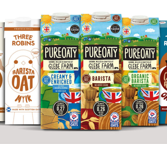 Glebe Farm announces partnership with Three Robins (Left to right) Pack shots of Three Robins Barista Oat Mylk, Three Robins Professional Barista Oat Mylk, PureOaty Creamy & Enriched, PureOaty Barista, PureOaty Organic Barista and Three Robins Chocco-riffic Oat Mylk.