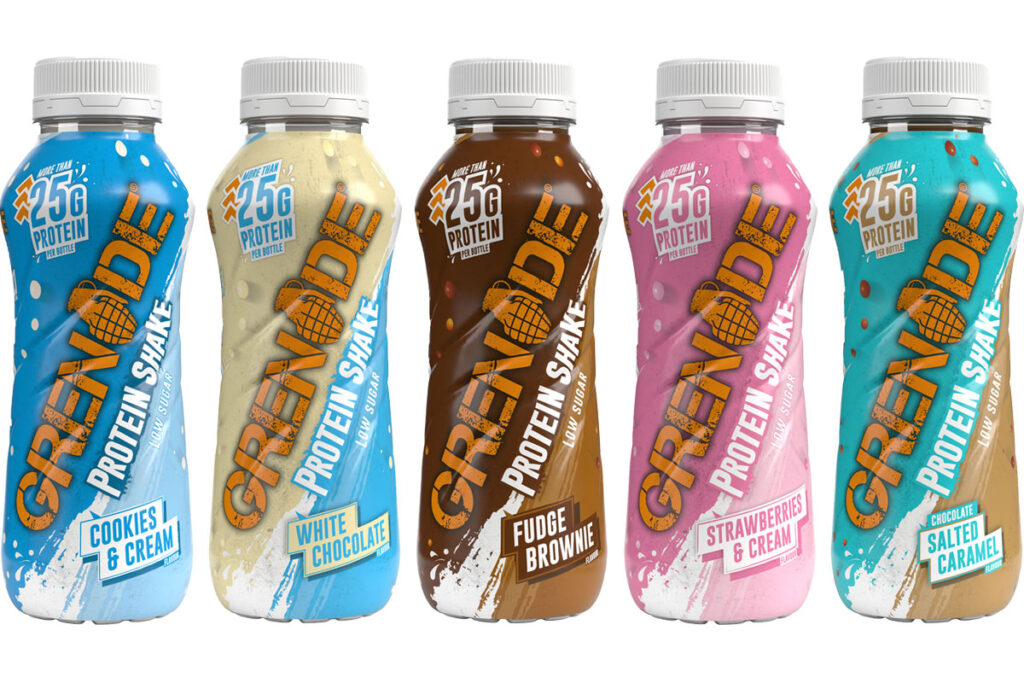 Pack shots of Grenade Protein Shakes including (left to right) Cookies & Cream, White Chocolate, Fudge Brownie, Strawberries & Cream and Chocolate Salted Caramel.