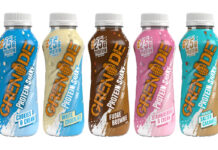 Pack shots of Grenade Protein Shakes including (left to right) Cookies & Cream, White Chocolate, Fudge Brownie, Strawberries & Cream and Chocolate Salted Caramel.
