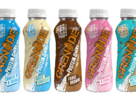 Pack shots of Grenade Protein Shakes including (left to right) Cookies & Cream, White Chocolate, Fudge Brownie, Strawberries & Cream and Chocolate Salted Caramel.