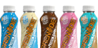 Pack shots of Grenade Protein Shakes including (left to right) Cookies & Cream, White Chocolate, Fudge Brownie, Strawberries & Cream and Chocolate Salted Caramel.
