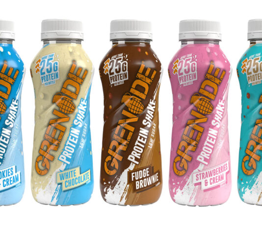 Grenade protein unveils new Shakes range Pack shots of Grenade Protein Shakes including (left to right) Cookies & Cream, White Chocolate, Fudge Brownie, Strawberries & Cream and Chocolate Salted Caramel.