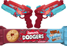 A pair of Jammie Dodgers branded Nerf SuperSoakers sit above a packet of Jammie Dodgers with an on-pack callout for a collaborative competition between the biscuit brand and Hasbro's Nerf guns.