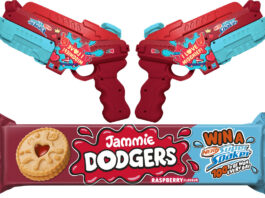 Jammie Dodgers teams up with NERF to elevate fun this summer A pair of Jammie Dodgers branded Nerf SuperSoakers sit above a packet of Jammie Dodgers with an on-pack callout for a collaborative competition between the biscuit brand and Hasbro's Nerf guns.