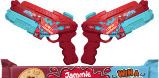 A pair of Jammie Dodgers branded Nerf SuperSoakers sit above a packet of Jammie Dodgers with an on-pack callout for a collaborative competition between the biscuit brand and Hasbro's Nerf guns.