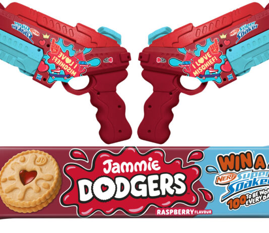 Jammie Dodgers teams up with NERF to elevate fun this summer A pair of Jammie Dodgers branded Nerf SuperSoakers sit above a packet of Jammie Dodgers with an on-pack callout for a collaborative competition between the biscuit brand and Hasbro's Nerf guns.