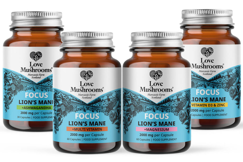 Pack shots of Love Mushrooms Lion's Mane supplements range consisting of Focus + Ashwagandha, Focus + Multi Vitamin, Focus + Magnesium and Focus + Vitamin D3 & Zinc.