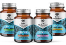 Pack shots of Love Mushrooms Lion's Mane supplements range consisting of Focus + Ashwagandha, Focus + Multi Vitamin, Focus + Magnesium and Focus + Vitamin D3 & Zinc.