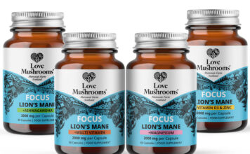 Pack shots of Love Mushrooms Lion's Mane supplements range consisting of Focus + Ashwagandha, Focus + Multi Vitamin, Focus + Magnesium and Focus + Vitamin D3 & Zinc.