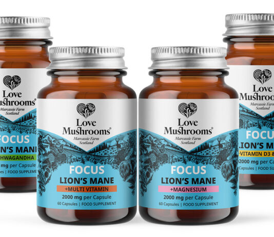 Love Mushrooms gears up new Lion’s Mane supplements range at NOPEX Pack shots of Love Mushrooms Lion's Mane supplements range consisting of Focus + Ashwagandha, Focus + Multi Vitamin, Focus + Magnesium and Focus + Vitamin D3 & Zinc.