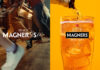 A still image from the Magners summer 2025 campaign and sees people running in the image to the left with the phrase 'It's Magnertism'. The image to the right sees a Magners bottle being poured into a Magners pint glass against an orange background.