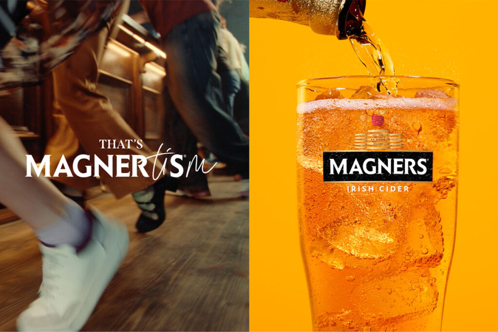 A still image from the Magners summer 2025 campaign and sees people running in the image to the left with the phrase 'It's Magnertism'. The image to the right sees a Magners bottle being poured into a Magners pint glass against an orange background.