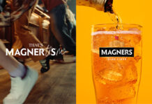 A still image from the Magners summer 2025 campaign and sees people running in the image to the left with the phrase 'It's Magnertism'. The image to the right sees a Magners bottle being poured into a Magners pint glass against an orange background.