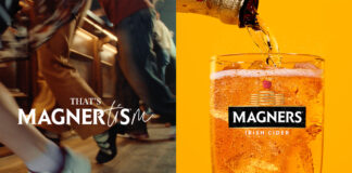 A still image from the Magners summer 2025 campaign and sees people running in the image to the left with the phrase 'It's Magnertism'. The image to the right sees a Magners bottle being poured into a Magners pint glass against an orange background.