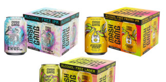Pack shots of Mash Gang four packs and single cans in the brand's core range. Variants including Mash Gang Chug, Mash Gang Glug and Mash Gang Journey Juice.