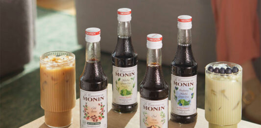 Bottles of Monin Concentrate variants including Cold Brew, Matcha Green Tea, Chai Tea and Blueberry Matcha Green Tea with iced coffee serves in the glasses around them.