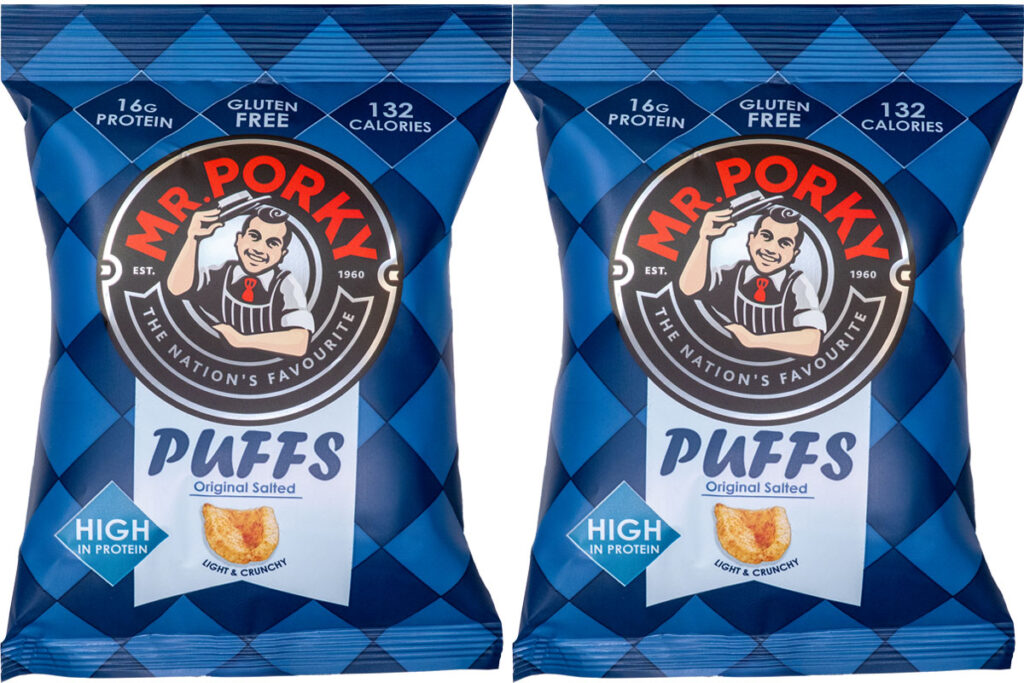 Pack shots Mr Porky Puffs.