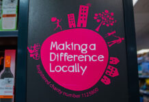 Co-op Wholesale's Making a Difference Locally logo inside a store.