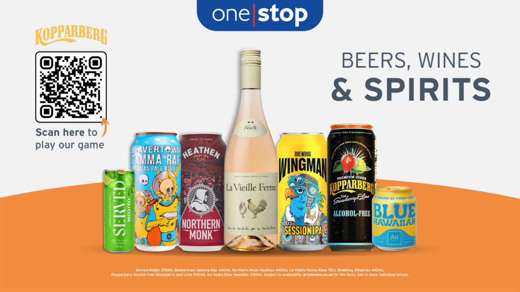 Promotion for One Stop's refresh for the beer, wine and spirits category with pack shots of products and a QR code for Kopparberg cider.